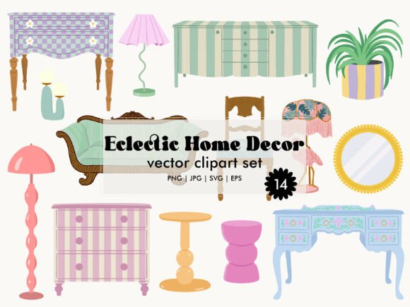 Download Eclectic Home Decor Retro Clipart Set - Eclectic Collection
